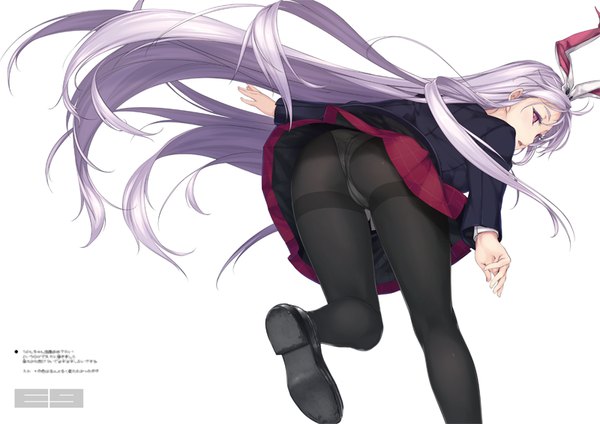 Anime picture 800x566 with touhou reisen udongein inaba rokuwata tomoe single looking at viewer fringe open mouth light erotic simple background white background purple eyes animal ears silver hair bent knee (knees) ass very long hair pleated skirt looking back wind from behind