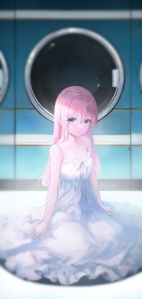 Anime picture 3898x8190 with original crystalherb single long hair tall image looking at viewer fringe highres open mouth blue eyes hair between eyes sitting bare shoulders pink hair absurdres indoors blurry sleeveless strap slip anaglyph