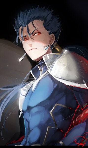 Anime picture 896x1500 with fate (series) fate/stay night cu chulainn (fate) cu chulainn (fate/stay night) mizutamari tori single long hair tall image fringe smile red eyes signed blue hair asymmetrical hair smirk boy earrings armor