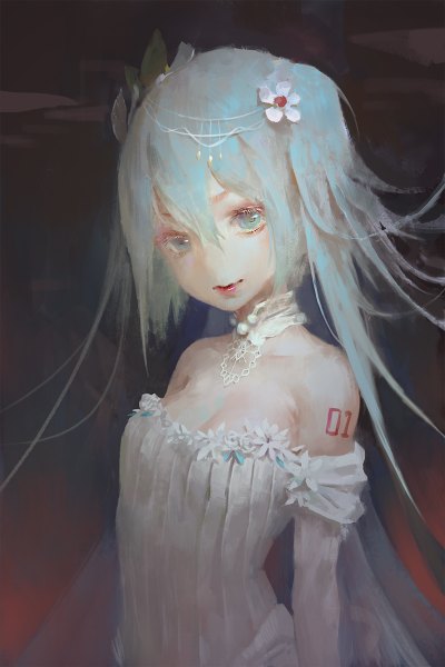 Anime picture 800x1200 with vocaloid hatsune miku cancer (zjcconan) single long hair tall image looking at viewer twintails bare shoulders aqua eyes aqua hair lipstick red lipstick girl dress gloves hair ornament choker elbow gloves white gloves