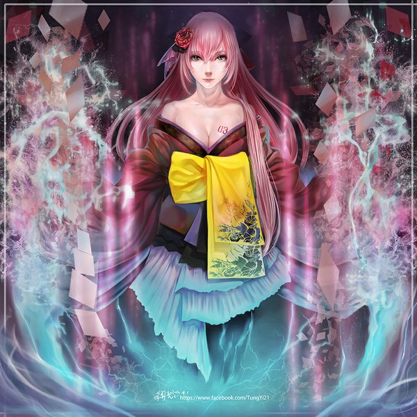 Anime picture 1000x1000 with project diva 2nd vocaloid megurine luka tagme (artist) single long hair looking at viewer fringe standing bare shoulders pink hair long sleeves pink eyes hair flower tattoo alternate costume pink background lightning girl dress