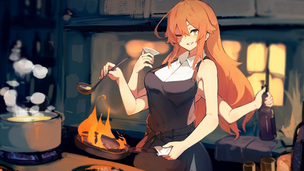 Anime picture 1824x1026 with original lansane single long hair looking at viewer fringe highres breasts smile hair between eyes wide image large breasts standing holding payot ahoge indoors one eye closed blurry orange hair