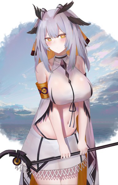 Anime picture 800x1250 with arknights ptilopsis (arknights) ru zhai single long hair tall image looking at viewer blush fringe breasts light erotic large breasts standing bare shoulders holding animal ears yellow eyes payot sky cloud (clouds)