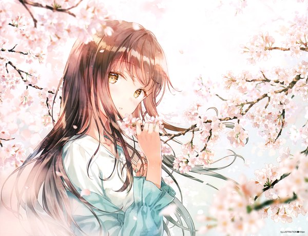 Anime picture 5154x3953 with original hiten (hitenkei) single long hair looking at viewer blush fringe highres signed yellow eyes absurdres upper body outdoors long sleeves parted lips head tilt wind blurry cherry blossoms spring