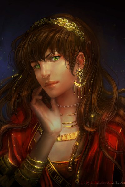 Anime picture 803x1200 with original anndr (artist) single long hair tall image brown hair green eyes signed lips close-up girl hair ornament earrings bracelet jewelry necklace tiara
