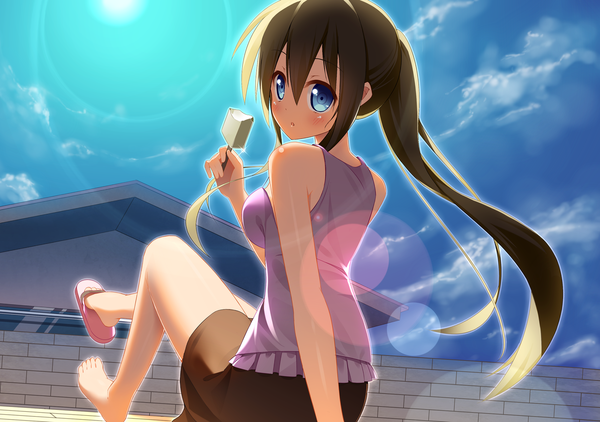 Anime picture 2480x1748 with original raivu single long hair blush highres blue eyes brown hair sky cloud (clouds) ponytail looking back girl food sweets ice cream