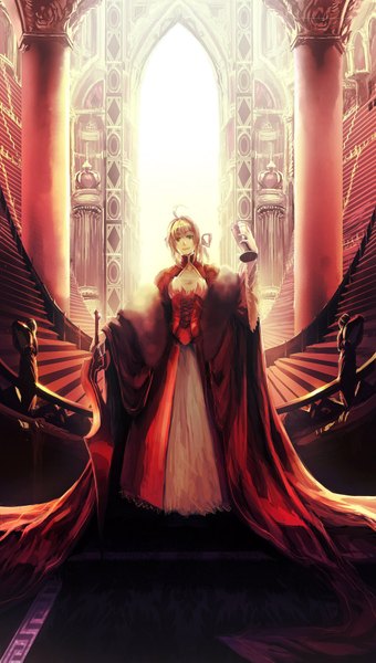 Anime picture 1092x1923 with fate (series) fate/stay night studio deen type-moon nero claudius (fate) (all) nero claudius (fate) kzcjimmy single tall image blonde hair smile girl dress bow weapon hair bow cloak stairs corset statue
