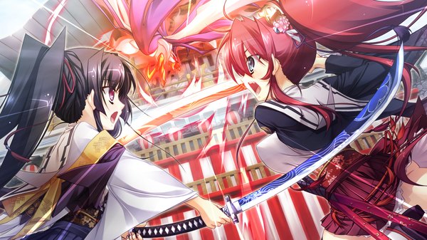 Anime picture 1280x720 with appare! tenka gomen tokugawa yoshine katagiri hinata long hair open mouth blue eyes black hair wide image multiple girls game cg ponytail red hair traditional clothes pink eyes battle girl hair ornament weapon 2 girls sword