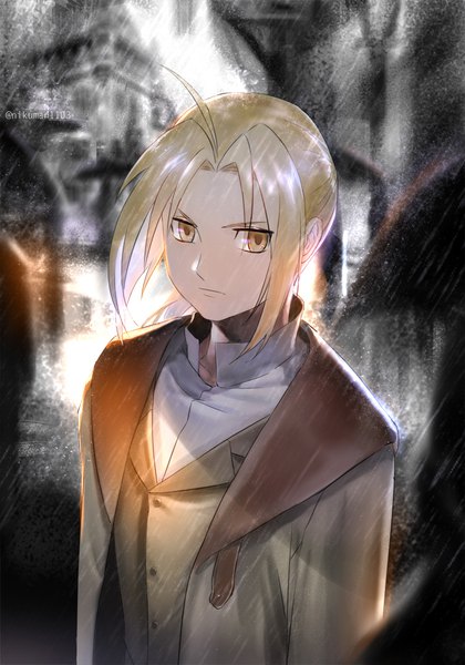 Anime picture 756x1081 with fullmetal alchemist studio bones edward elric holy pumpkin single long hair tall image blonde hair brown eyes signed ahoge upper body depth of field twitter username serious boy