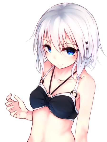 Anime-Bild 1000x1334 mit original ringo-chan (otokuyou) otokuyou single tall image looking at viewer blush fringe short hair blue eyes light erotic simple background smile white background bare shoulders white hair bare belly girl hair ornament hairclip