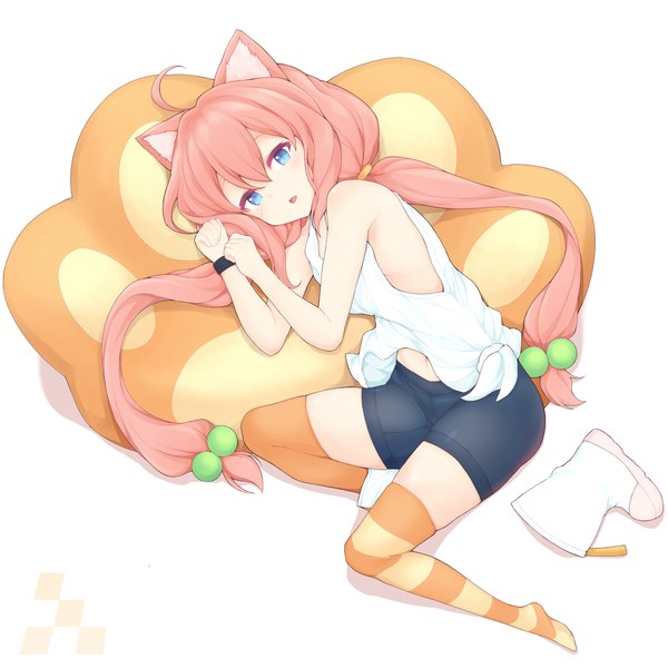 Anime picture 1011x1011 with virtual youtuber hinata channel nekomiya hinata jampen single long hair looking at viewer fringe blue eyes hair between eyes white background twintails animal ears pink hair full body ahoge cat ears sleeveless low twintails shoes removed