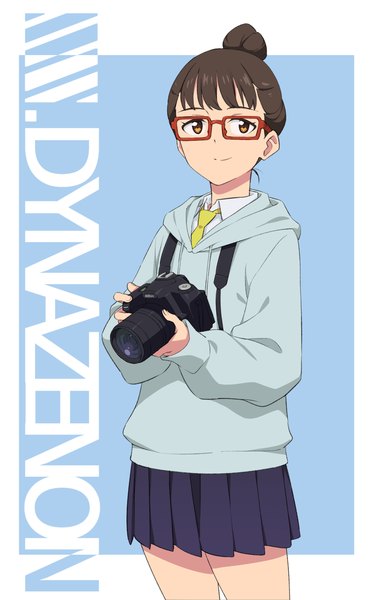 Anime picture 922x1470 with gridman universe ssss.dynazenon studio trigger mei (dynazenon) gulim single tall image short hair simple background smile brown hair standing brown eyes pleated skirt hair bun (hair buns) copyright name border blue background outside border girl