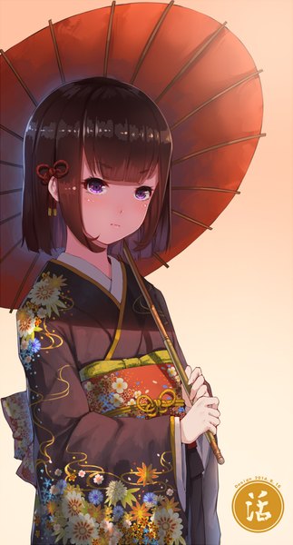 Anime picture 1185x2200 with original fangxiang cuoluan single tall image looking at viewer blush short hair brown hair purple eyes traditional clothes japanese clothes girl hair ornament kimono umbrella obi
