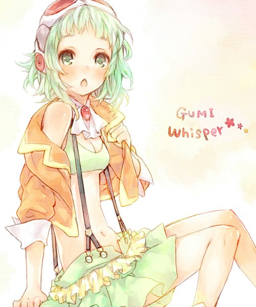 Anime picture 833x1000 with vocaloid gumi ameiro (artist) single tall image looking at viewer blush fringe short hair open mouth simple background white background sitting green eyes green hair character names girl goggles suspenders