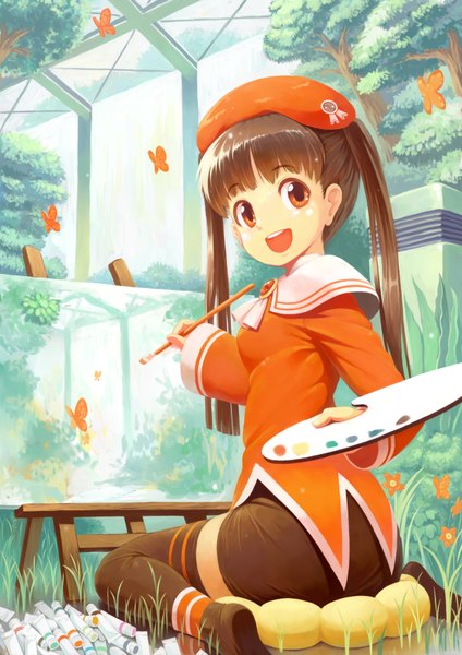 Anime picture 1240x1754 with original oekaki musume (qpixiv) kanini single long hair tall image looking at viewer fringe open mouth brown hair sitting twintails orange eyes girl thighhighs flower (flowers) plant (plants) tree (trees) pillow insect
