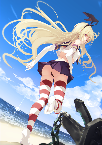 Anime picture 1512x2150 with kantai collection shimakaze destroyer suwakana single long hair tall image looking at viewer fringe light erotic blonde hair red eyes bare shoulders sky cloud (clouds) bent knee (knees) outdoors ass pleated skirt looking back wind