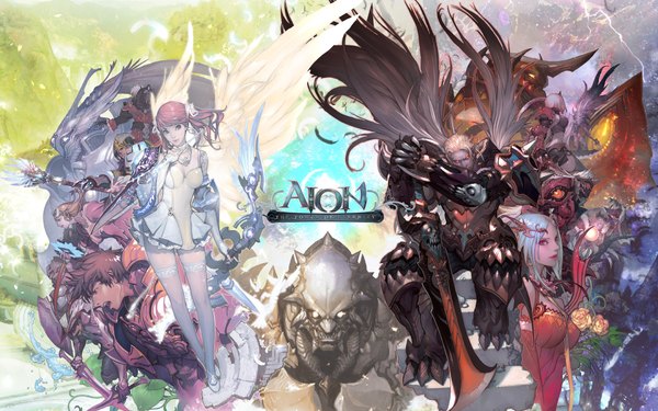 Anime picture 2000x1250 with aion highres wide image multiple girls elf demon warrior girl boy weapon sword armor skull monster claws