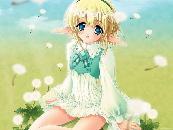 Anime picture 1600x1200 with moldavite annette vaslois carnelian single looking at viewer fringe short hair open mouth blue eyes blonde hair hair between eyes sitting payot cloud (clouds) bent knee (knees) long sleeves wind pointy ears sunlight bare legs