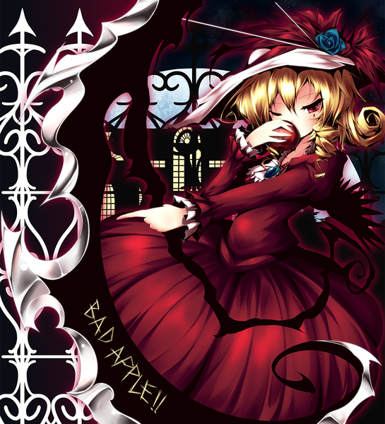 Anime picture 1000x1100 with touhou elly (touhou) ugume tall image short hair blonde hair red eyes one eye closed wink drill hair girl dress weapon apple scythe