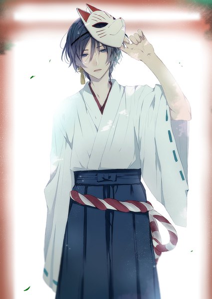 Anime picture 600x847 with marginal #4 takimaru alto otarayade single tall image looking at viewer fringe short hair open mouth blue eyes hair between eyes blue hair traditional clothes head tilt japanese clothes arm up wide sleeves miko mask on head boy