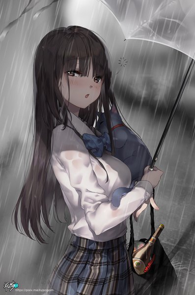 Anime picture 2480x3748 with original kyjsogom single long hair tall image looking at viewer blush fringe highres breasts open mouth hair between eyes brown hair standing holding brown eyes outdoors long sleeves pleated skirt watermark