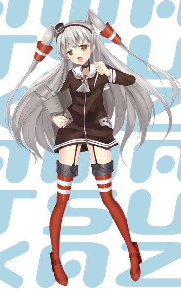 Anime picture 800x1289 with kantai collection rensouhou-chan amatsukaze destroyer tsunyandere (ryoneyami) long hair tall image blush open mouth yellow eyes grey hair two side up girl thighhighs hat hair tubes sailor suit mini hat