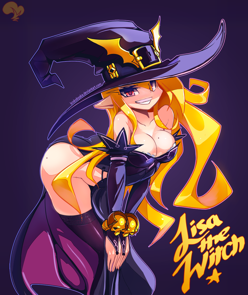 Anime picture 1011x1200 with original krokobyaka single long hair tall image looking at viewer fringe light erotic simple background blonde hair smile signed pink eyes pointy ears mole arm support no panties grin side slit witch