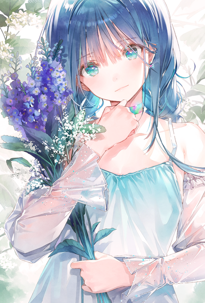 Anime picture 610x900 with original dsmile single long hair tall image looking at viewer fringe blue eyes hair between eyes holding blue hair upper body braid (braids) head tilt twin braids revision hair over eyes girl flower (flowers) detached sleeves