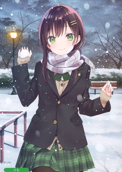 Anime-Bild 2096x2954 mit melonbooks rimo single long hair tall image looking at viewer blush fringe highres smile standing holding green eyes signed sky cloud (clouds) outdoors long sleeves pleated skirt scan