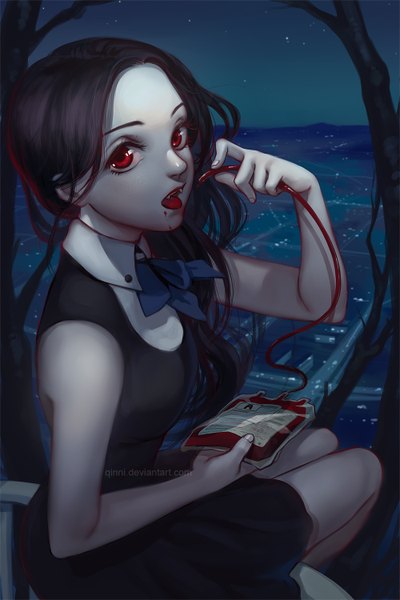Anime picture 1000x1500 with original qinni (artist) single long hair tall image looking at viewer black hair red eyes holding fingernails night sleeveless vampire girl dress tongue bowtie black dress blood star (stars)