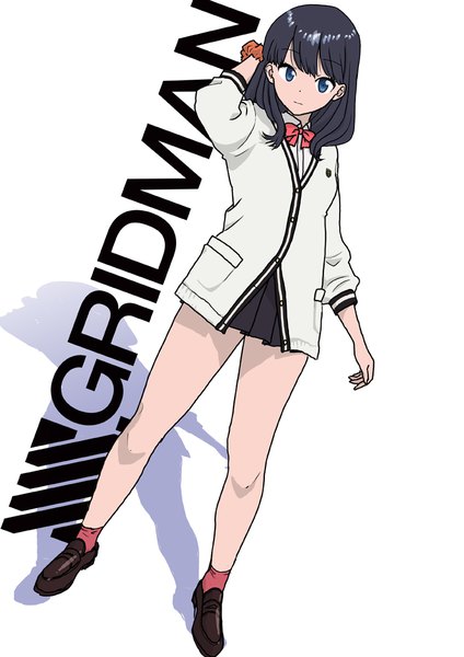 Anime picture 729x1032 with gridman universe ssss.gridman studio trigger takarada rikka robomi single long hair tall image looking at viewer fringe blue eyes black hair simple background white background full body pleated skirt shadow dutch angle copyright name arm behind head
