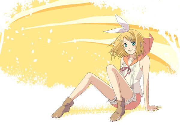 Anime picture 3508x2480 with vocaloid kagamine rin e-megu (artist) single highres short hair blonde hair smile sitting bare shoulders green eyes absurdres girl