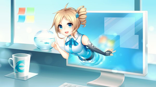 Anime picture 1920x1080 with os-tan internet explorer aizawa inori pricey single looking at viewer highres short hair open mouth blue eyes blonde hair wide image bare shoulders drill hair girl dress fish (fishes) mug aquarium