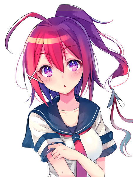 Anime picture 1733x2301 with kantai collection i-168 submarine assassinwarrior aozora nan single long hair tall image looking at viewer blush fringe highres breasts hair between eyes signed ahoge ponytail red hair pink eyes short sleeves character names