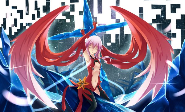Anime picture 2012x1224 with guilty crown production i.g yuzuriha inori makadamia long hair highres light erotic wide image pink hair eyes closed arms up midriff crossed arms center opening girl navel detached sleeves wings bodysuit cross