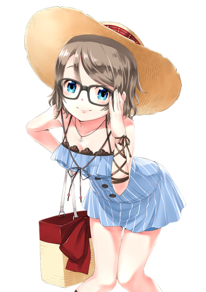 Anime picture 1132x1600 with love live! sunshine!! love live! school idol festival sunrise (studio) love live! watanabe you rin2008 single tall image looking at viewer short hair blue eyes smile brown hair leaning leaning forward sleeveless transparent background adjusting glasses rendered girl