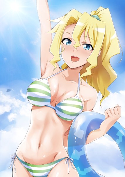 Anime picture 853x1200 with shinryaku! ika musume cindy campbell kaiga single long hair tall image blush breasts open mouth blue eyes light erotic blonde hair hair between eyes payot sky cloud (clouds) ponytail :d arm up sunlight