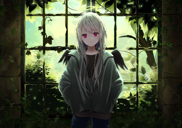 Anime picture 2046x1447 with original azu (azuazu 0405) single long hair looking at viewer highres silver hair upper body head tilt pink eyes black wings hands in pockets girl plant (plants) wings jacket halo
