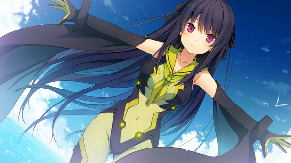 Anime picture 1280x720 with ao no kanata no four rhythm sprite (company) tobisawa misaki akinashi yuu single long hair looking at viewer blush fringe breasts black hair smile wide image large breasts standing purple eyes game cg sky cloud (clouds) outdoors