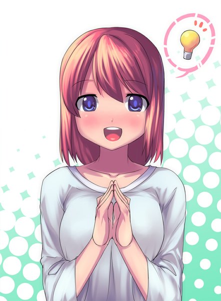 Anime picture 737x1000 with saiste single tall image looking at viewer blush short hair open mouth blue eyes smile upper body red hair :d hands clasped girl speech bubble light bulb