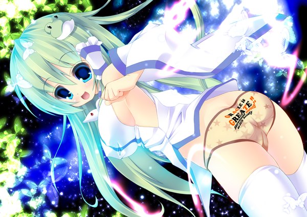 Anime picture 3508x2480 with touhou kochiya sanae fukuda shuushi long hair blush highres breasts open mouth blue eyes light erotic large breasts absurdres ass green hair girl thighhighs underwear panties detached sleeves white thighhighs