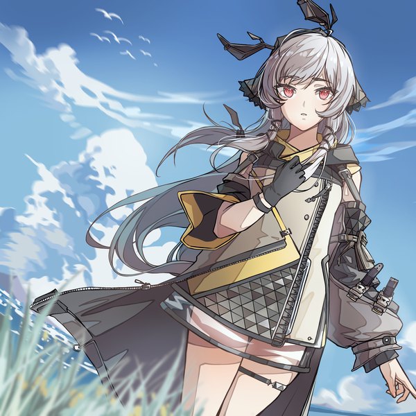 Anime picture 2048x2048 with arknights weedy (arknights) iowae single long hair looking at viewer highres red eyes standing sky silver hair cloud (clouds) outdoors wind tress ribbon girl ribbon (ribbons) hair ribbon animal bird (birds)