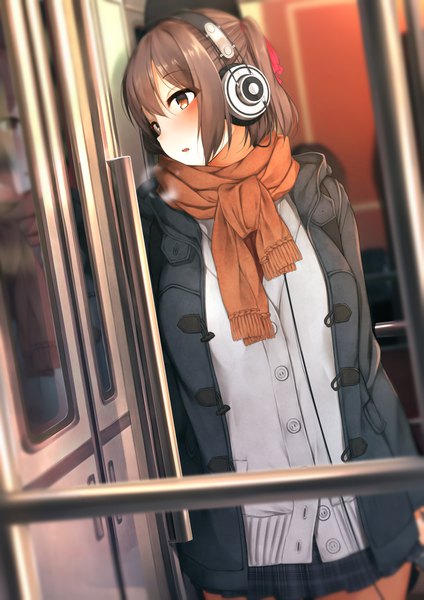 Anime-Bild 1157x1637 mit original waterdog single tall image blush fringe short hair open mouth hair between eyes brown hair brown eyes looking away indoors reflection exhalation girl ribbon (ribbons) hair ribbon headphones scarf