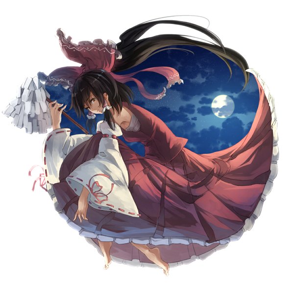 Anime picture 1125x1125 with touhou hakurei reimu ibuki notsu single long hair looking at viewer brown hair cloud (clouds) ponytail traditional clothes barefoot orange eyes miko weightlessness girl skirt ribbon (ribbons) bow hair bow detached sleeves