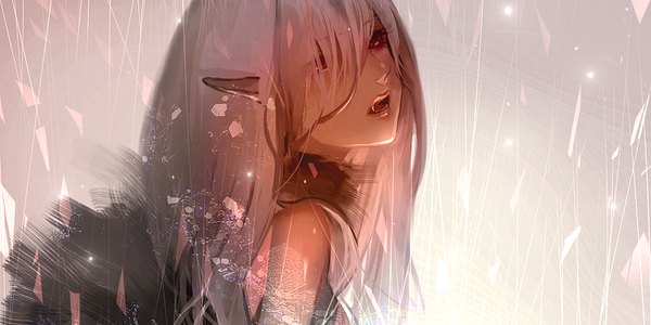 Anime picture 800x400 with original hebi (yurari) single long hair fringe open mouth red eyes wide image looking away pink hair lips pointy ears hair over one eye teeth fang (fangs) girl