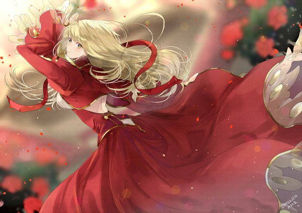 Anime picture 1100x778 with fate (series) fate/grand order fate/extra nero claudius (fate) (all) nero claudius (fate) milch3314 single long hair looking at viewer blush fringe breasts blonde hair smile hair between eyes standing green eyes signed looking back wide sleeves