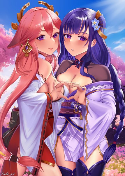 Anime picture 2506x3508 with genshin impact raiden shogun yae miko ronikx art long hair tall image looking at viewer blush fringe highres breasts light erotic smile hair between eyes large breasts standing purple eyes bare shoulders multiple girls animal ears