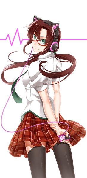 Anime picture 481x988 with neon genesis evangelion rebuild of evangelion evangelion: 2.0 you can (not) advance gainax axent wear headphones makinami mari illustrious cross akiha single long hair tall image looking at viewer fringe simple background hair between eyes brown hair standing white background twintails holding green eyes