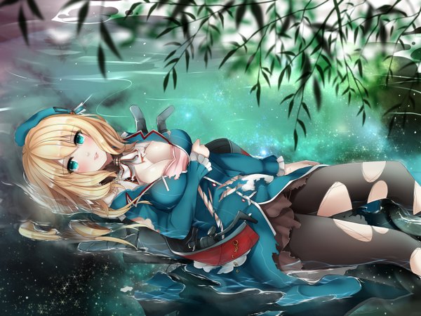 Anime picture 2800x2100 with kantai collection atago heavy cruiser perriry long hair blush highres blue eyes light erotic blonde hair cleavage lying torn clothes torn pantyhose girl dress plant (plants) pantyhose water
