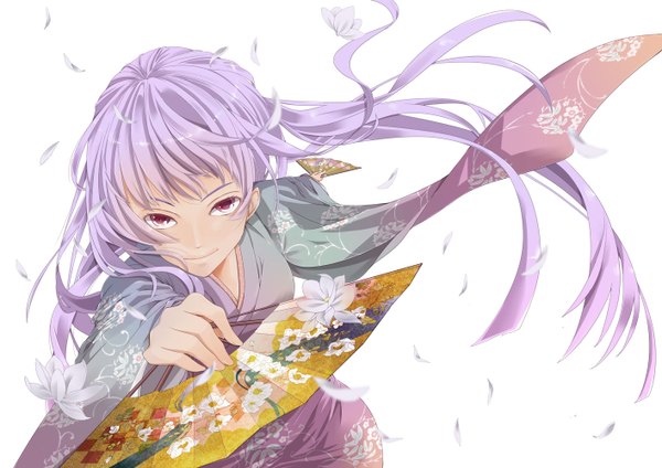 Anime picture 1414x1000 with original mayumi (tsunkatsu) long hair looking at viewer simple background smile white background purple eyes purple hair traditional clothes japanese clothes girl flower (flowers) petals kimono fan
